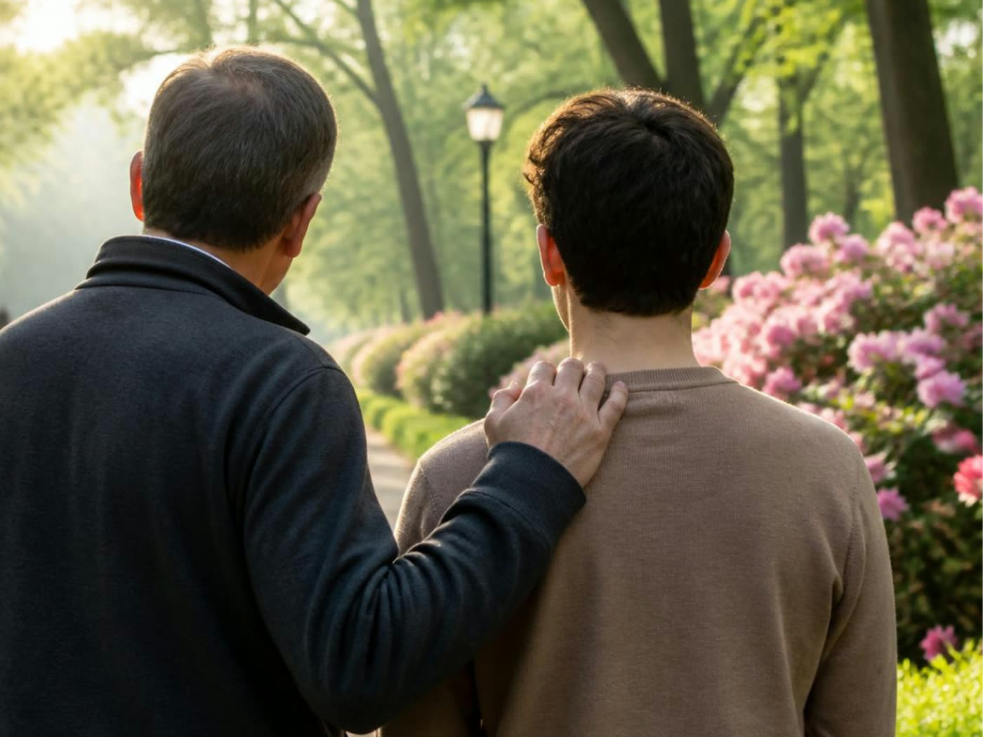 Een hand op de schouder van een naaste tijdens een wandeling